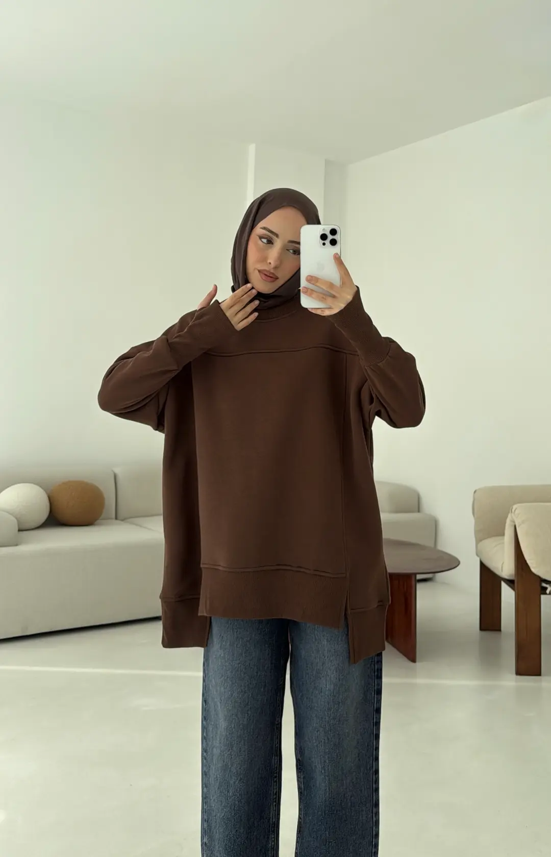 Parmak Geçmeli Asimetri Kesim Sweat Kahve - Görsel 6