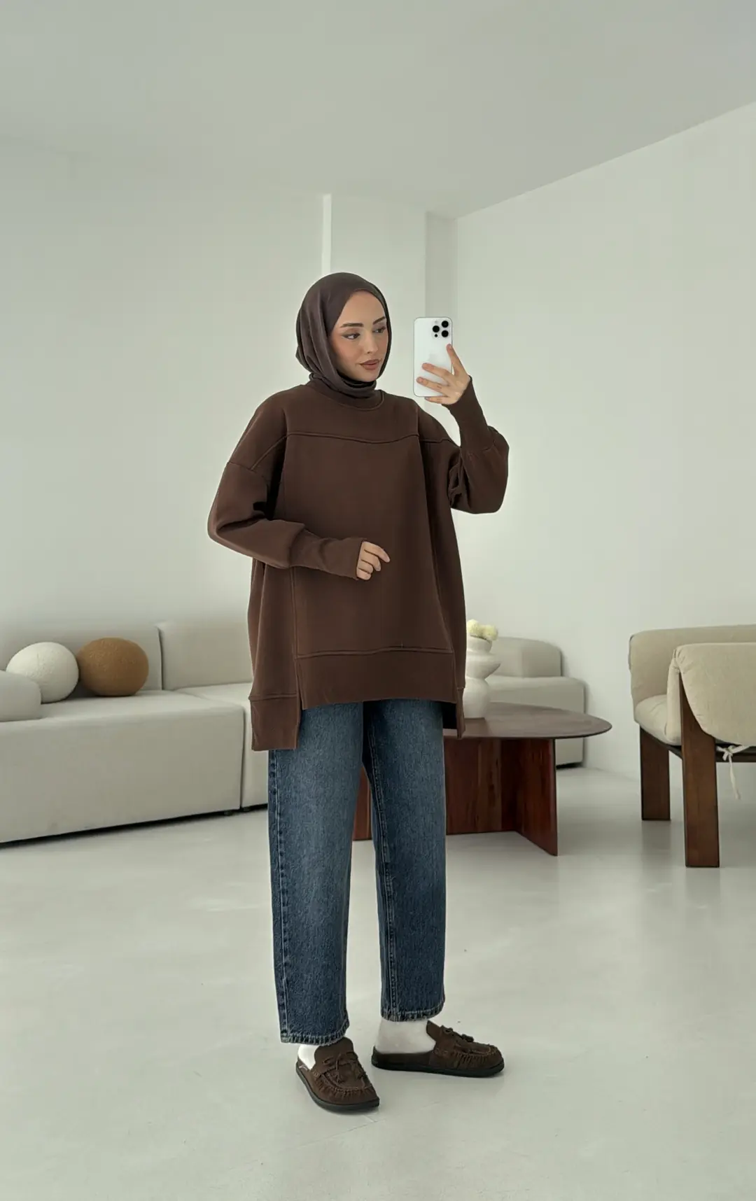 Parmak Geçmeli Asimetri Kesim Sweat Kahve - Görsel 7