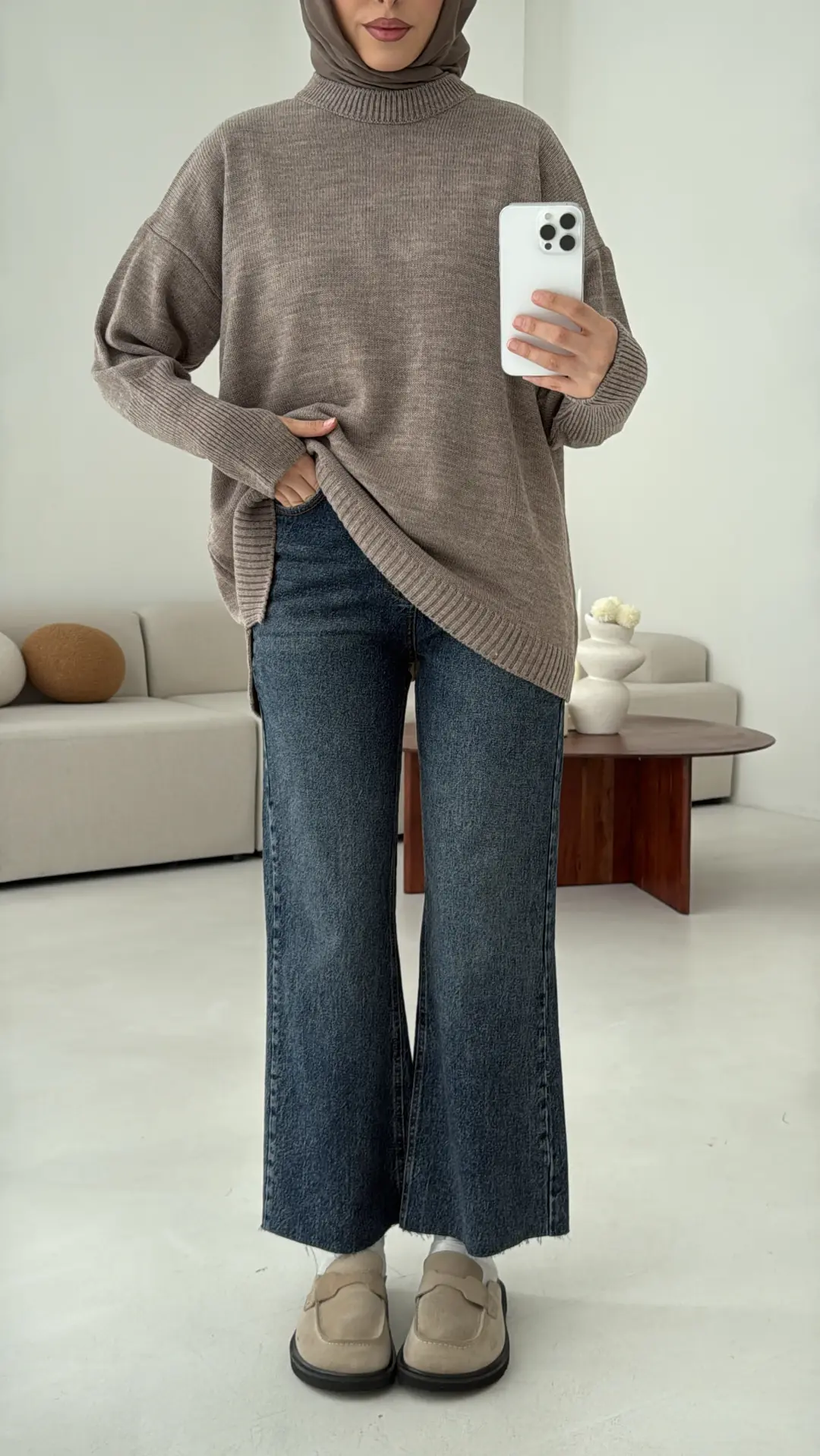 Parmak Geçmeli Triko Kazak Vizon - Görsel 6