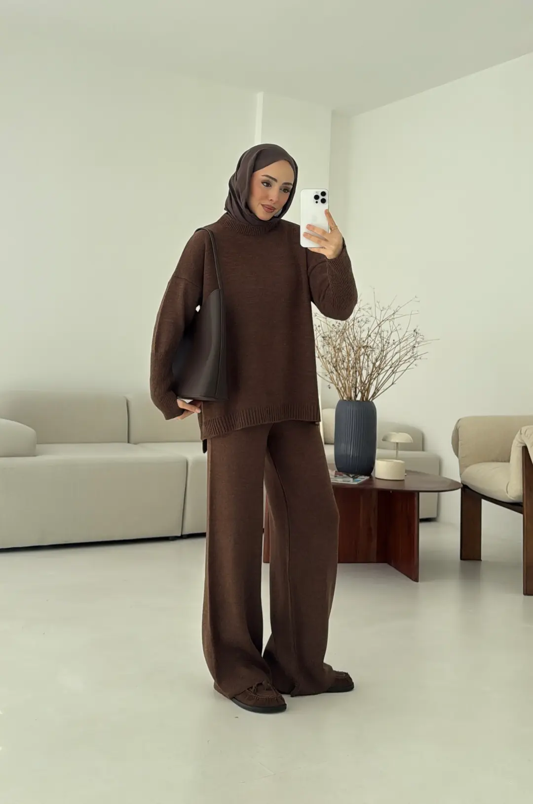 Parmak Geçmeli Triko Takım Kahve