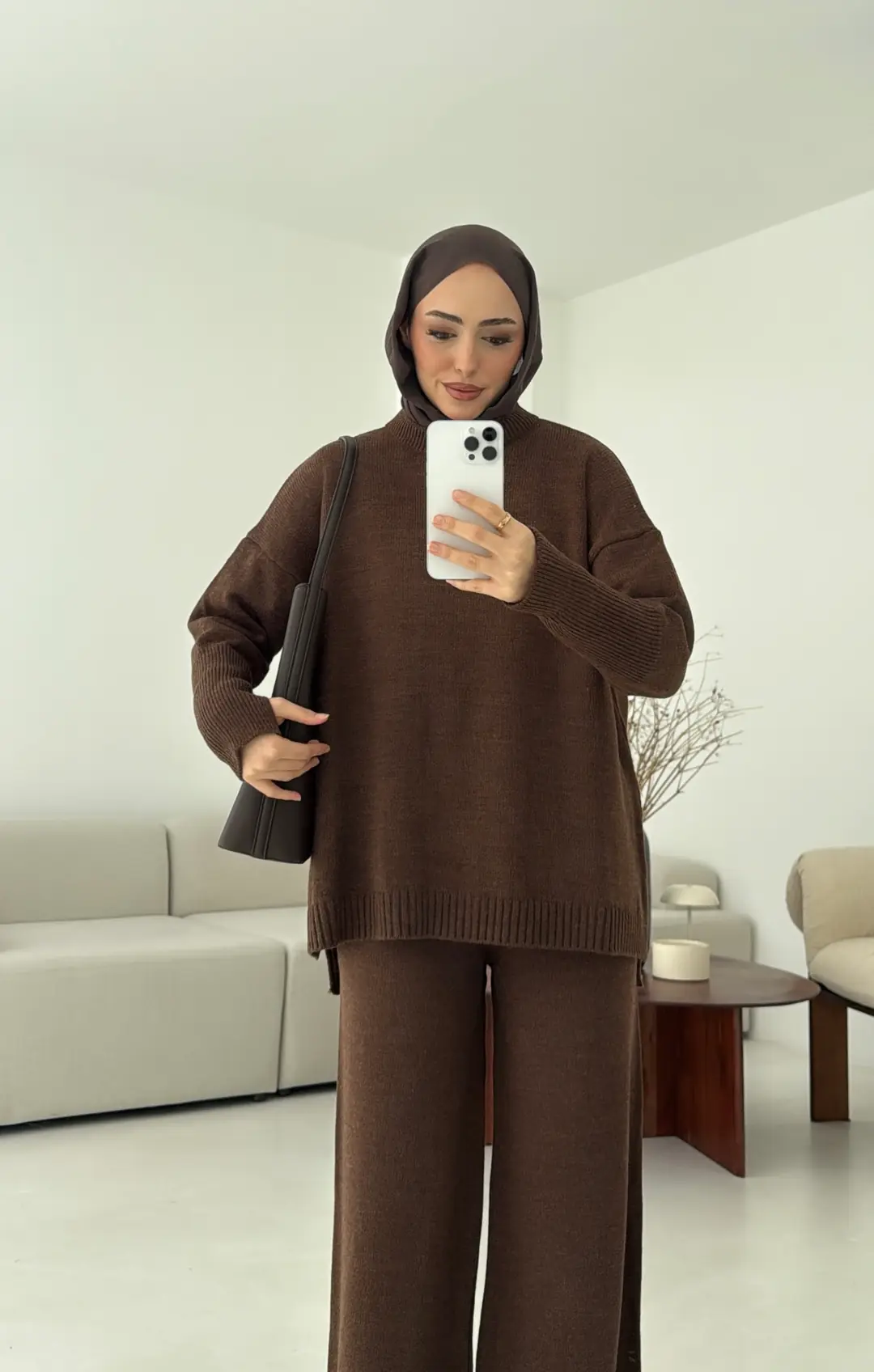 Parmak Geçmeli Triko Takım Kahve - Görsel 3