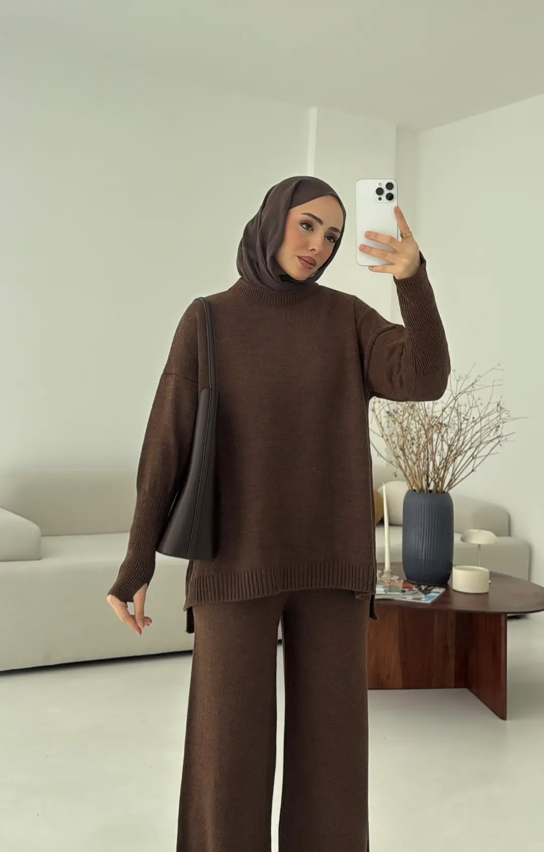 Parmak Geçmeli Triko Takım Kahve - Görsel 5