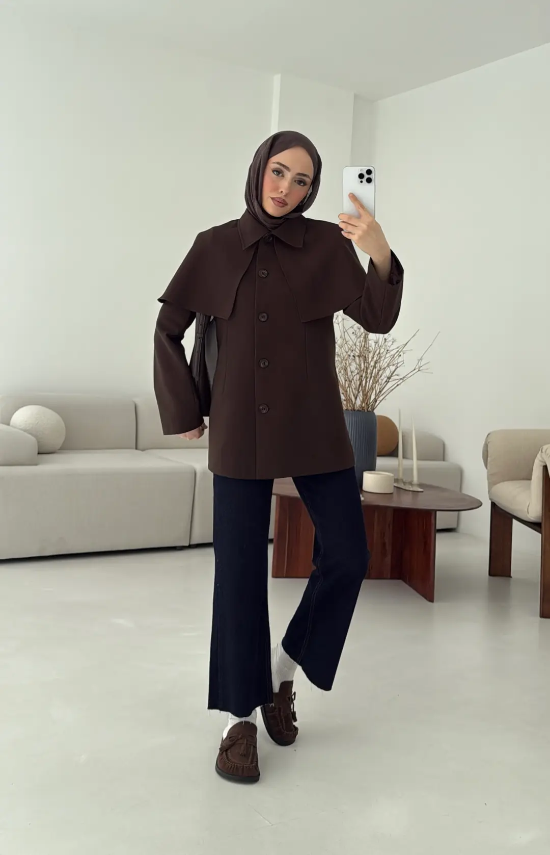 Pelerin Detay Fit Ceket Kahve