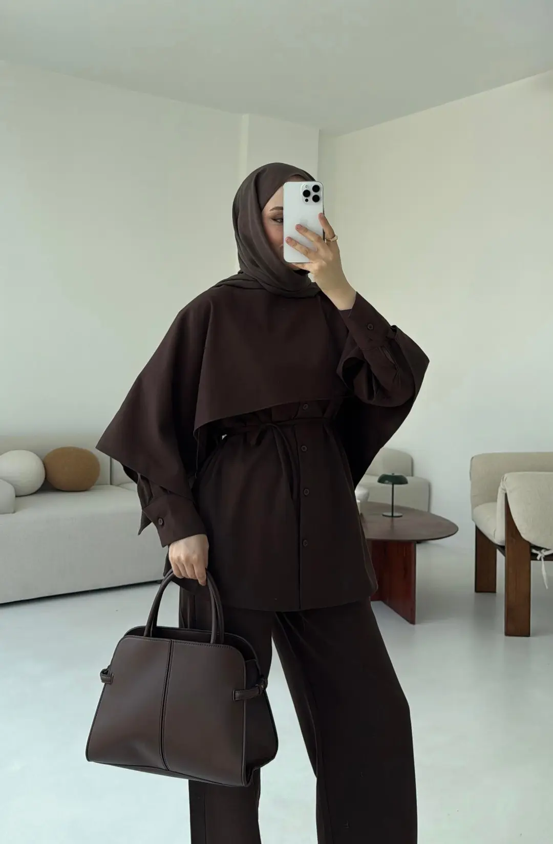 Pelerin Detay Gömlekli Takım Kahve