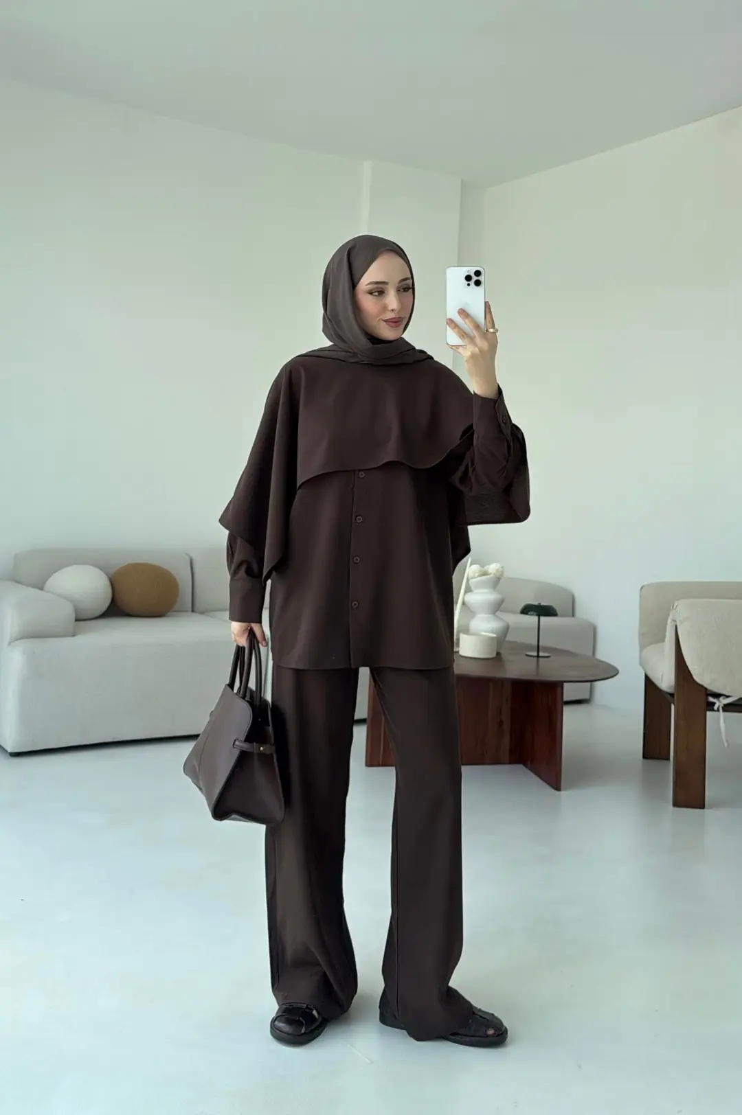 Pelerin Detay Gömlekli Takım Kahve - Görsel 7