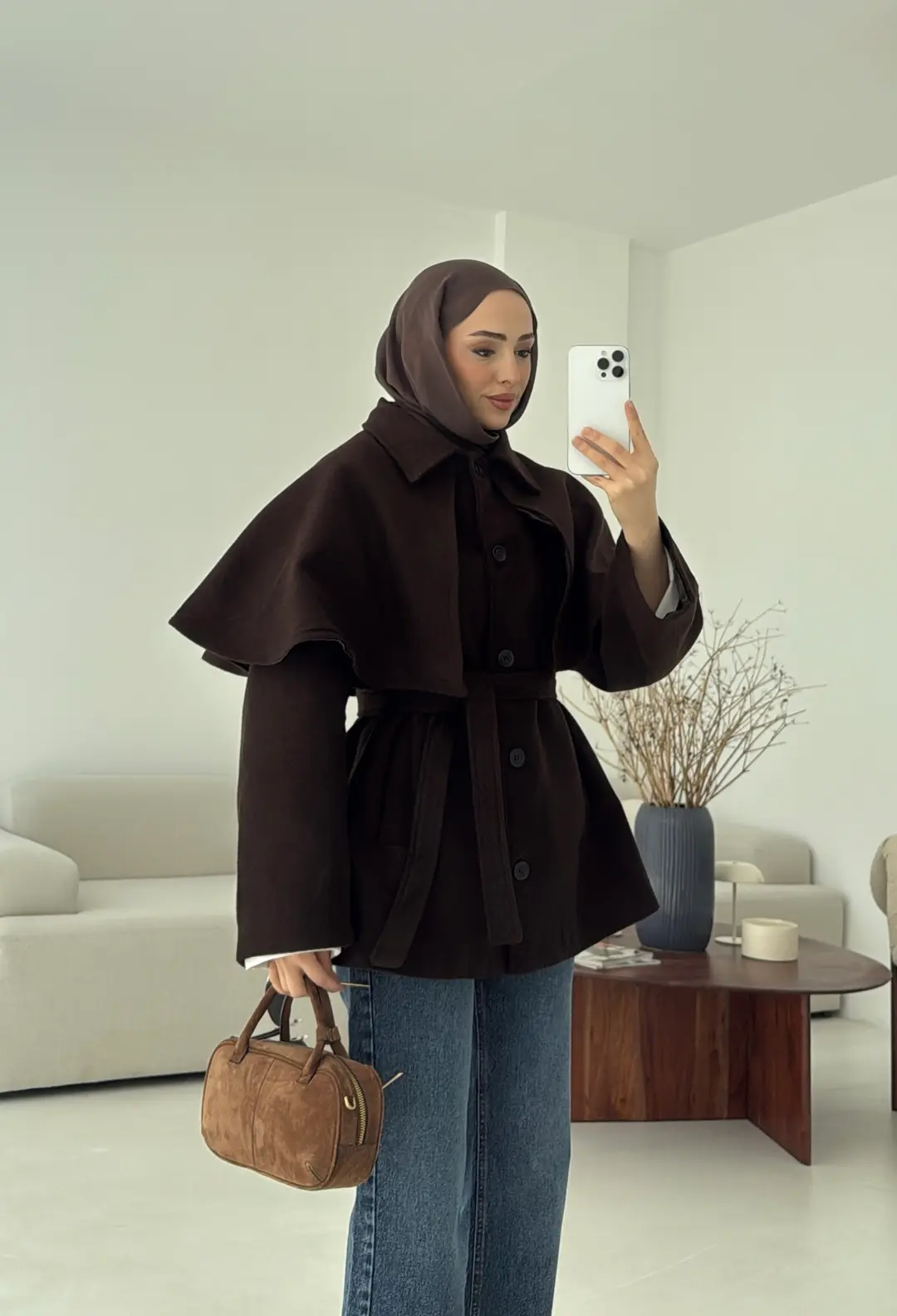 Pelerin Detay Kaşe Kaban Kahve