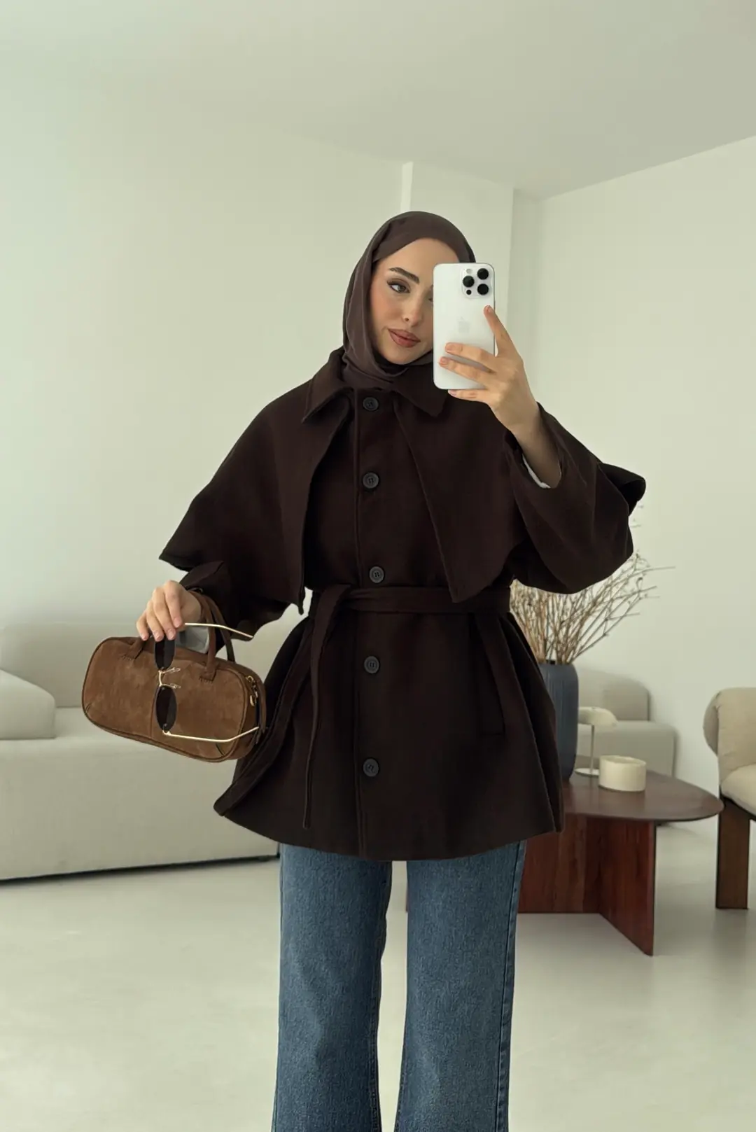 Pelerin Detay Kaşe Kaban Kahve - Görsel 10