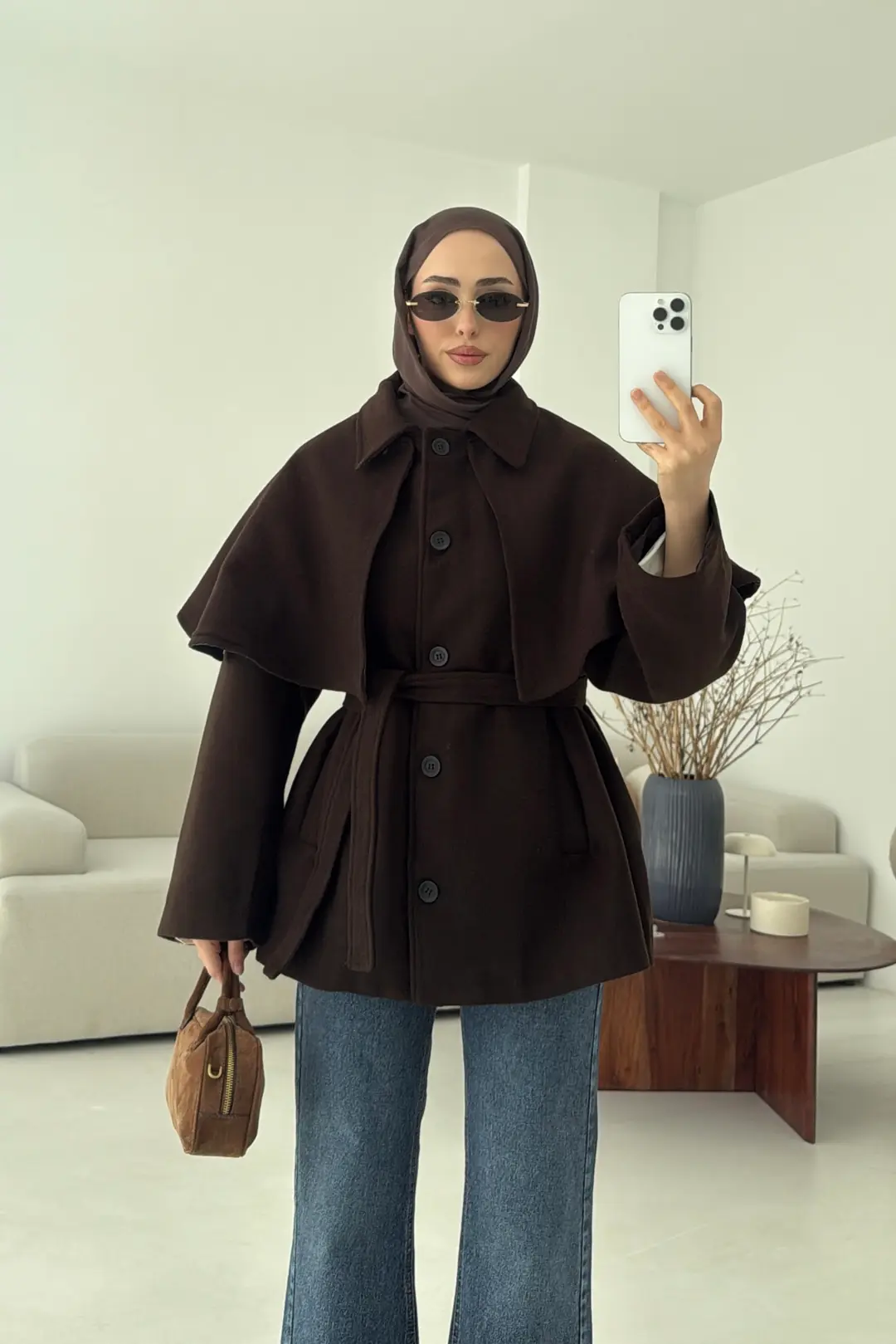 Pelerin Detay Kaşe Kaban Kahve - Görsel 3