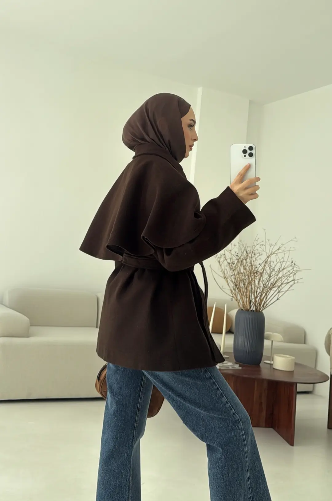 Pelerin Detay Kaşe Kaban Kahve - Görsel 6