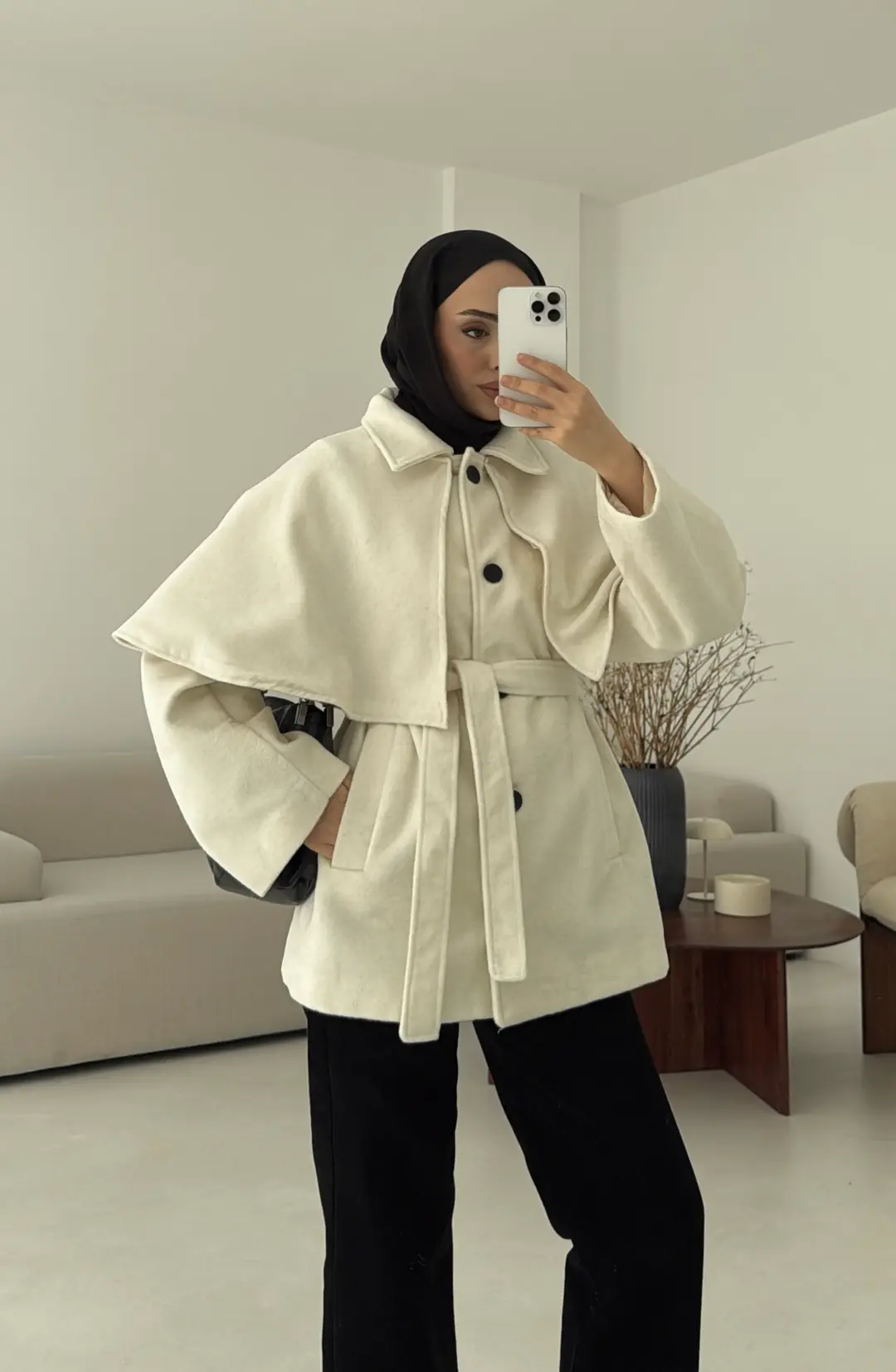 Pelerin Detay Kaşe Kaban Kırık Beyaz - Görsel 2