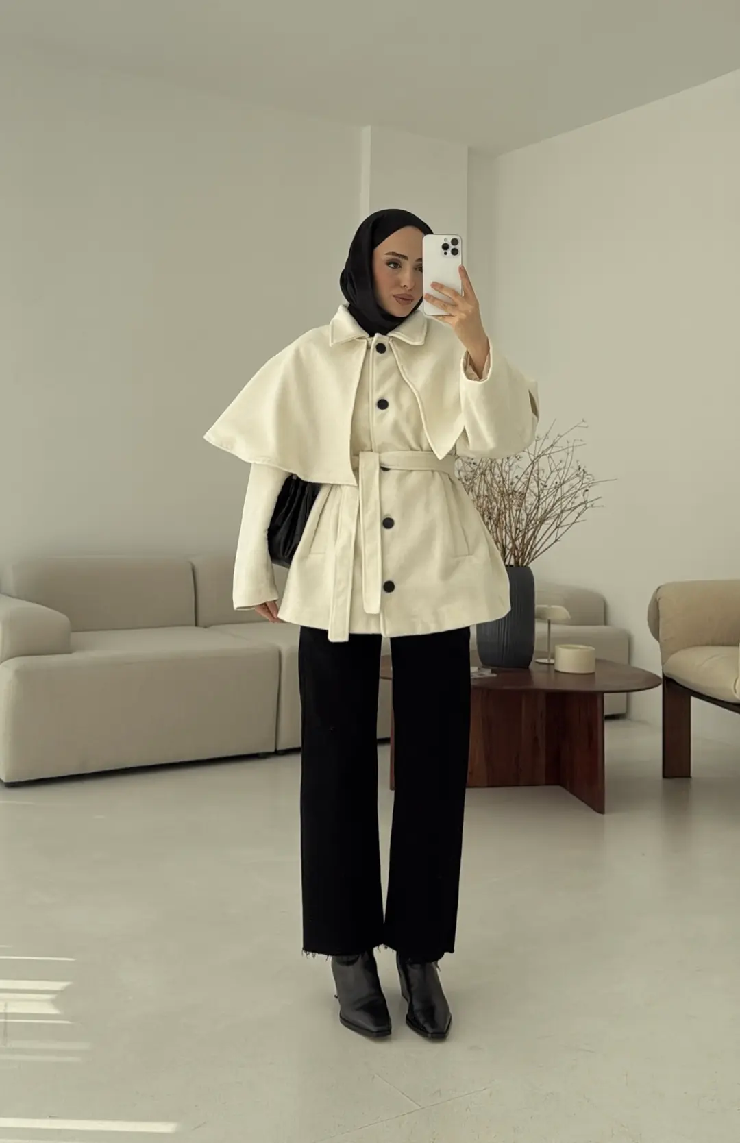 Pelerin Detay Kaşe Kaban Kırık Beyaz - Görsel 3