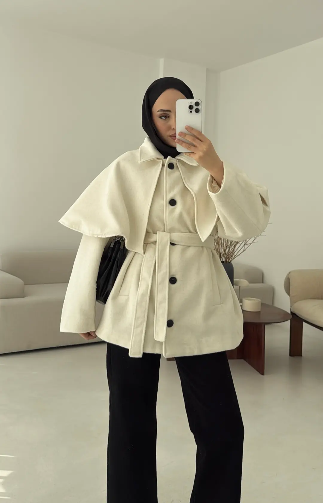 Pelerin Detay Kaşe Kaban Kırık Beyaz - Görsel 5