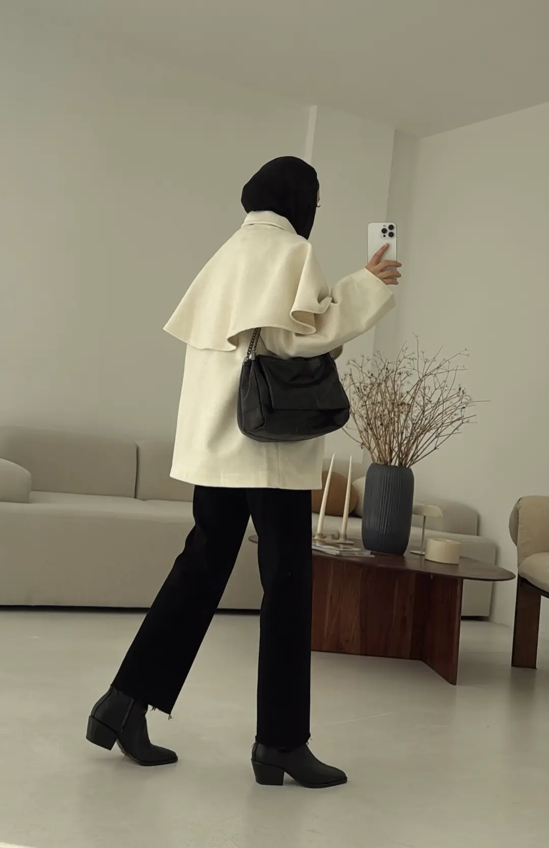 Pelerin Detay Kaşe Kaban Kırık Beyaz - Görsel 6