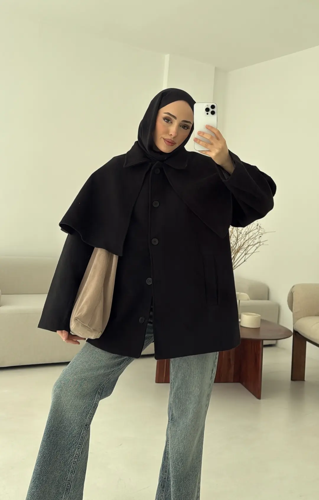 Pelerin Detay Kaşe Kaban Siyah - Görsel 6