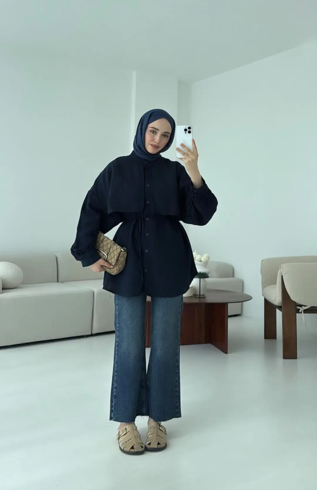 Pelerinli Keten Gömlek Lacivert - Görsel 2