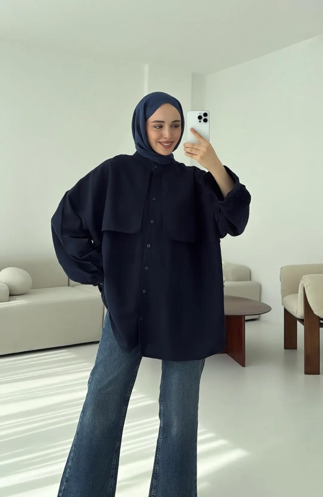 Pelerinli Keten Gömlek Lacivert - Görsel 5