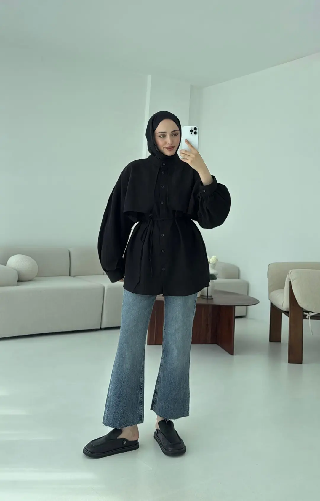 Pelerinli Keten Gömlek Siyah - Görsel 3