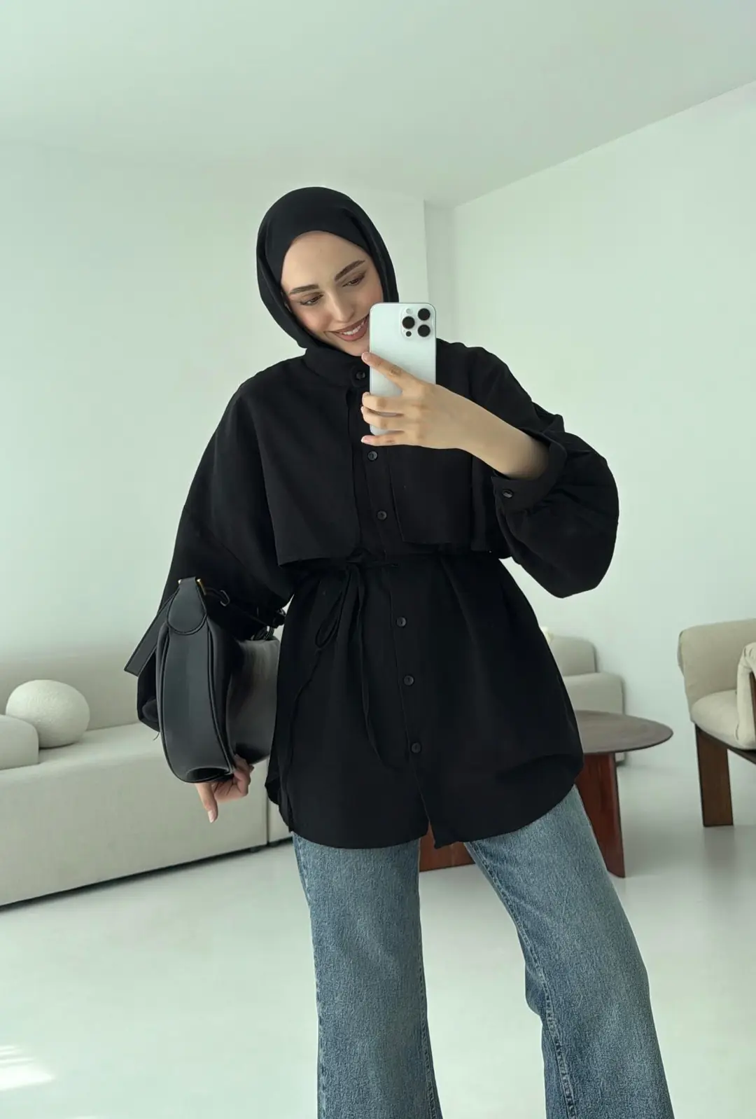 Pelerinli Keten Gömlek Siyah - Görsel 6