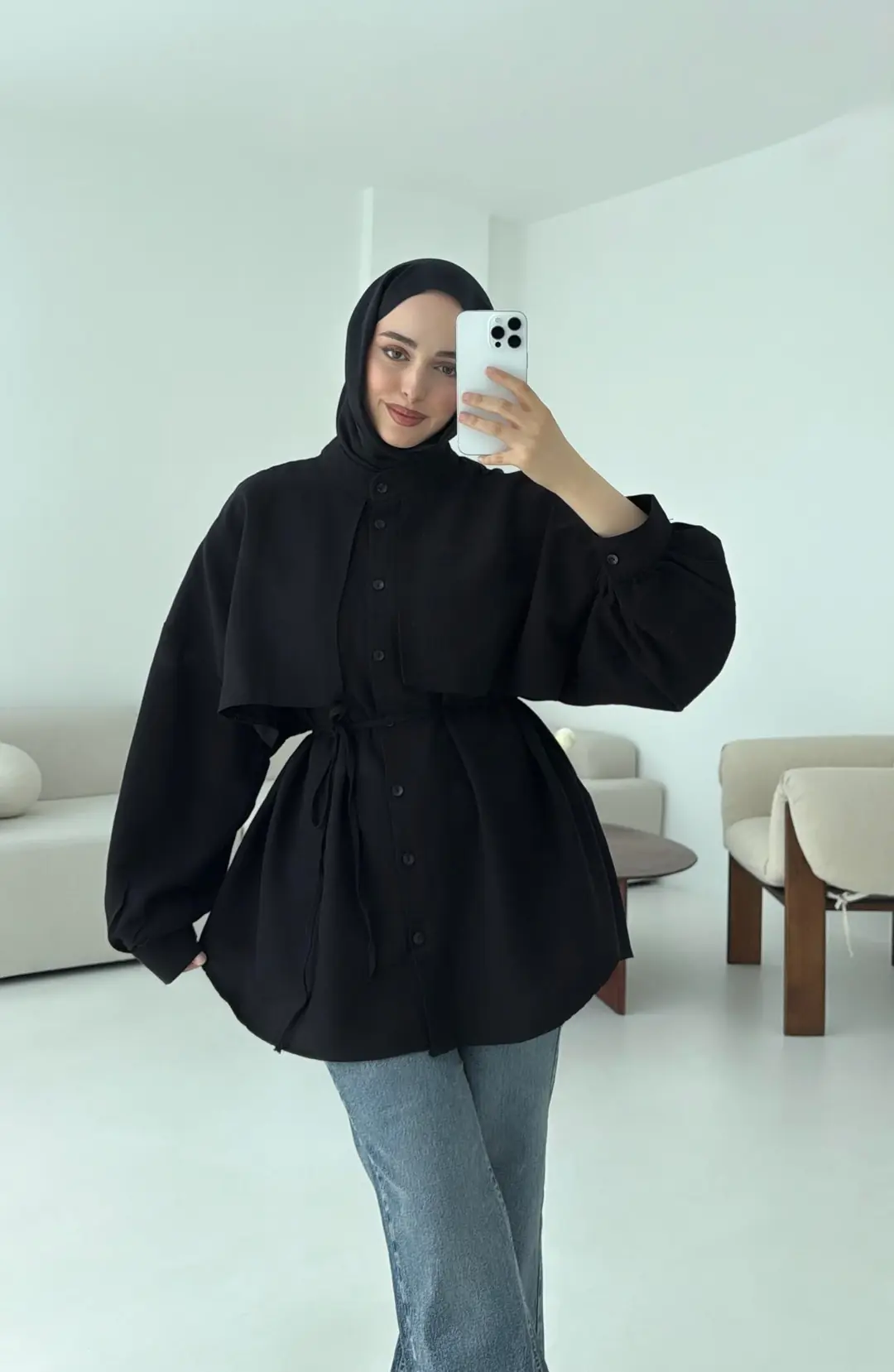 Pelerinli Keten Gömlek Siyah - Görsel 7