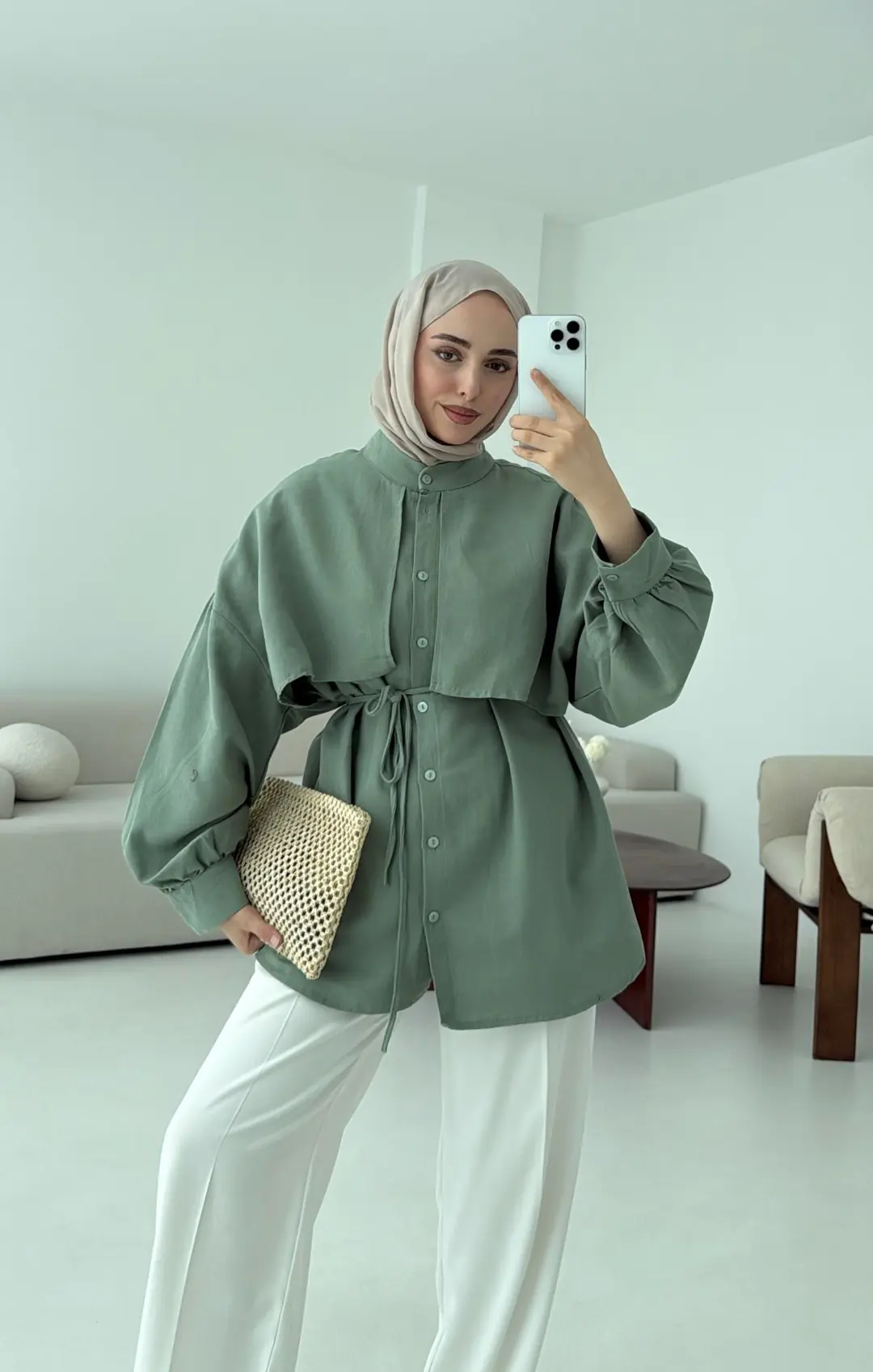 Pelerinli Keten Gömlek Yeşil - Görsel 3