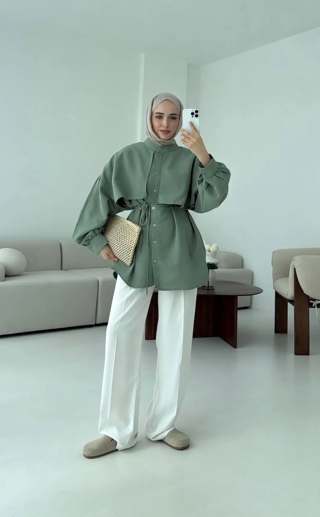 Pelerinli Keten Gömlek Yeşil - Görsel 4