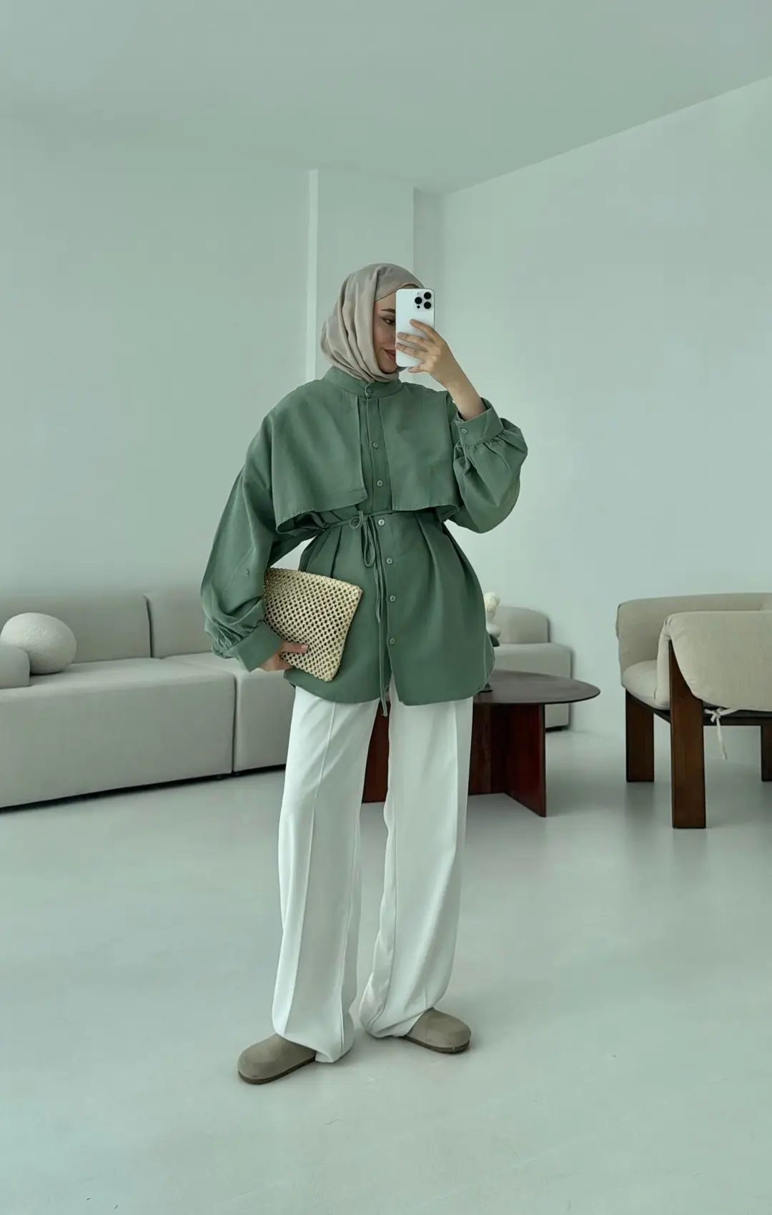 Pelerinli Keten Gömlek Yeşil - Görsel 5