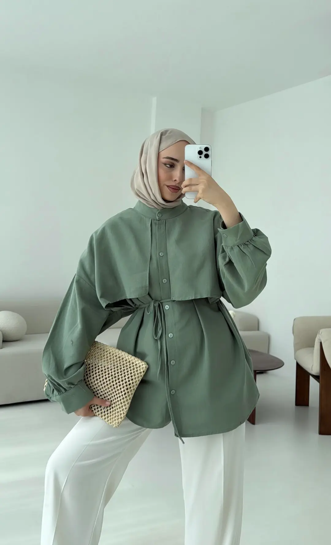 Pelerinli Keten Gömlek Yeşil - Görsel 6