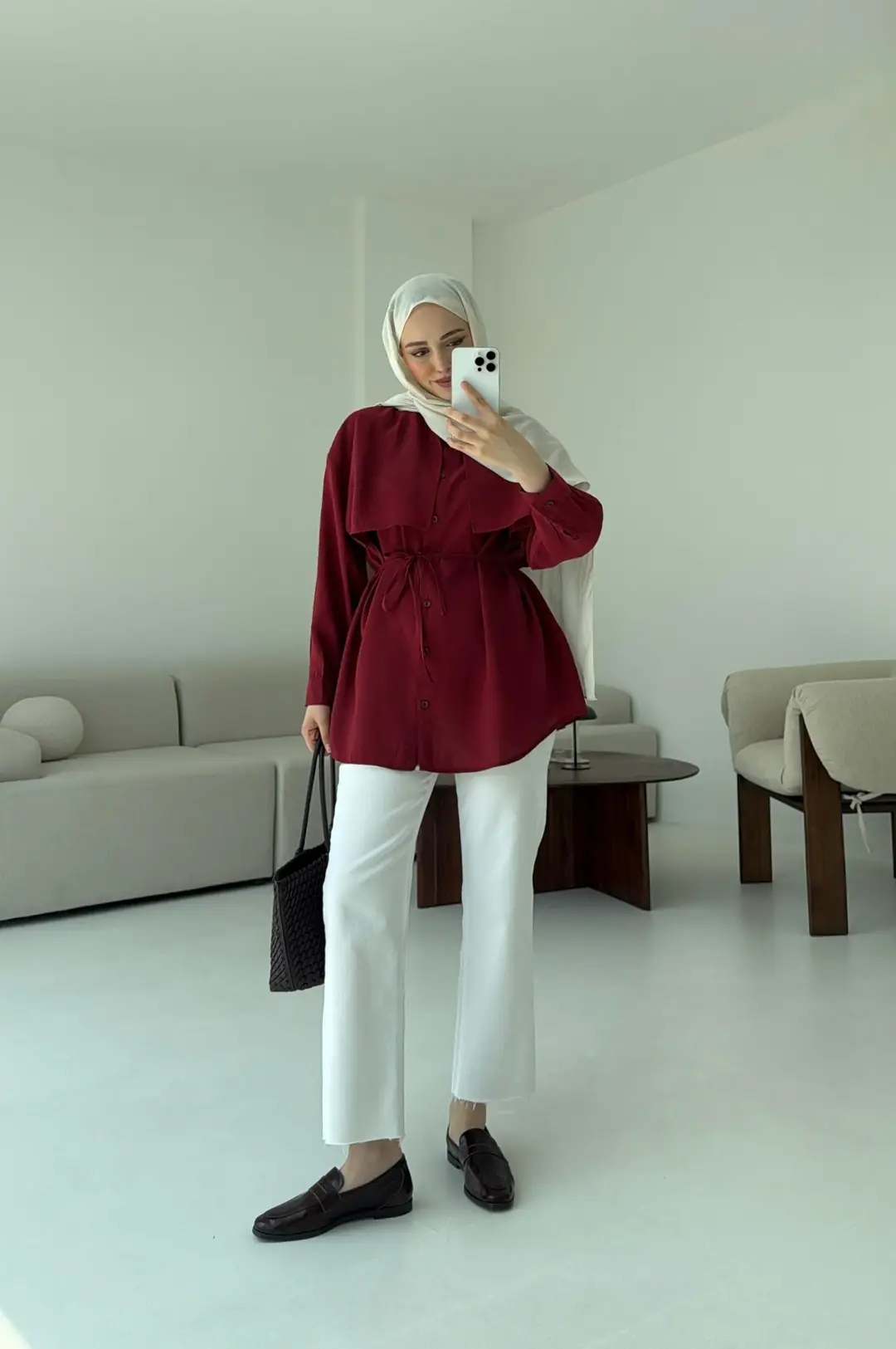 Pelerinli Modal Gömlek Bordo - Görsel 6