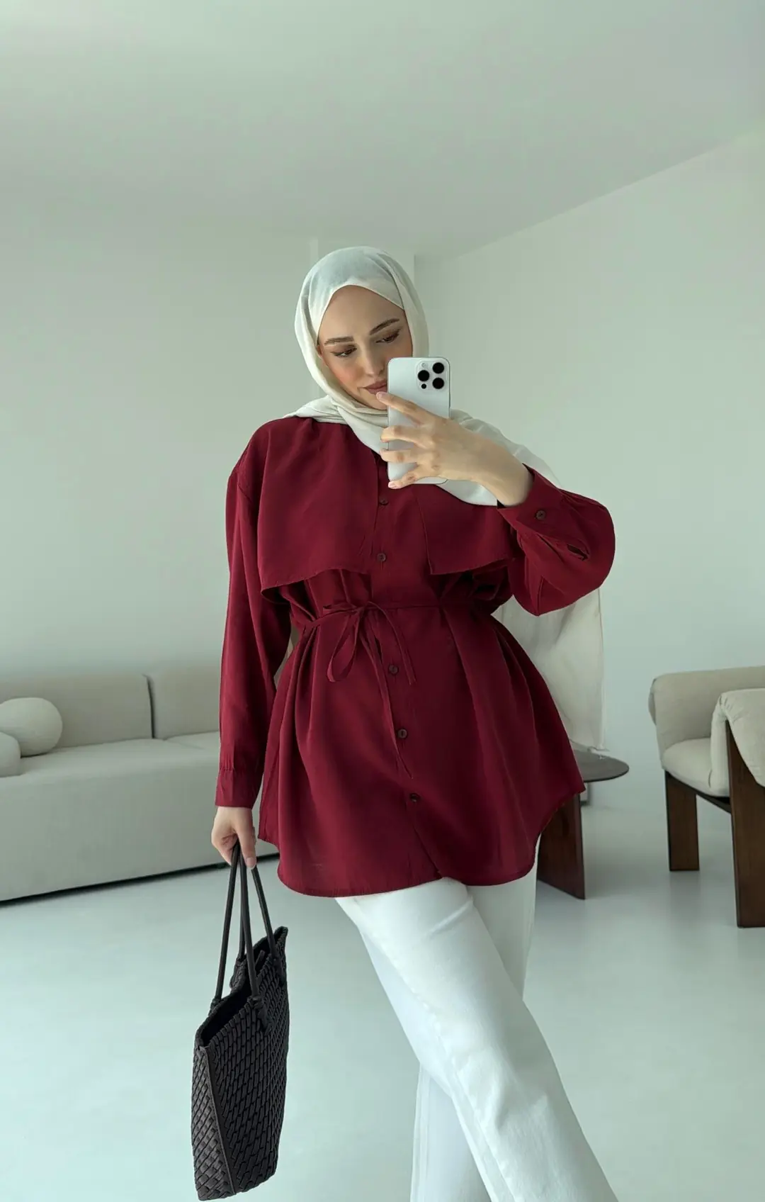 Pelerinli Modal Gömlek Bordo - Görsel 7