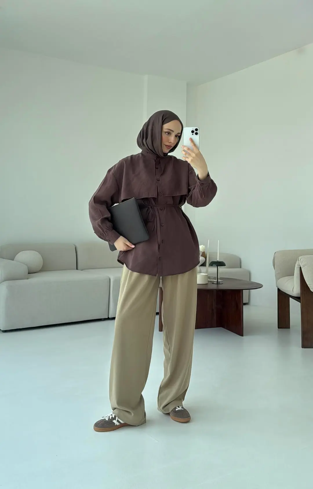 Pelerinli Modal Gömlek Kahve - Görsel 2