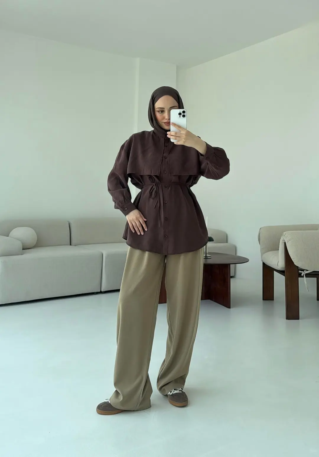 Pelerinli Modal Gömlek Kahve - Görsel 4