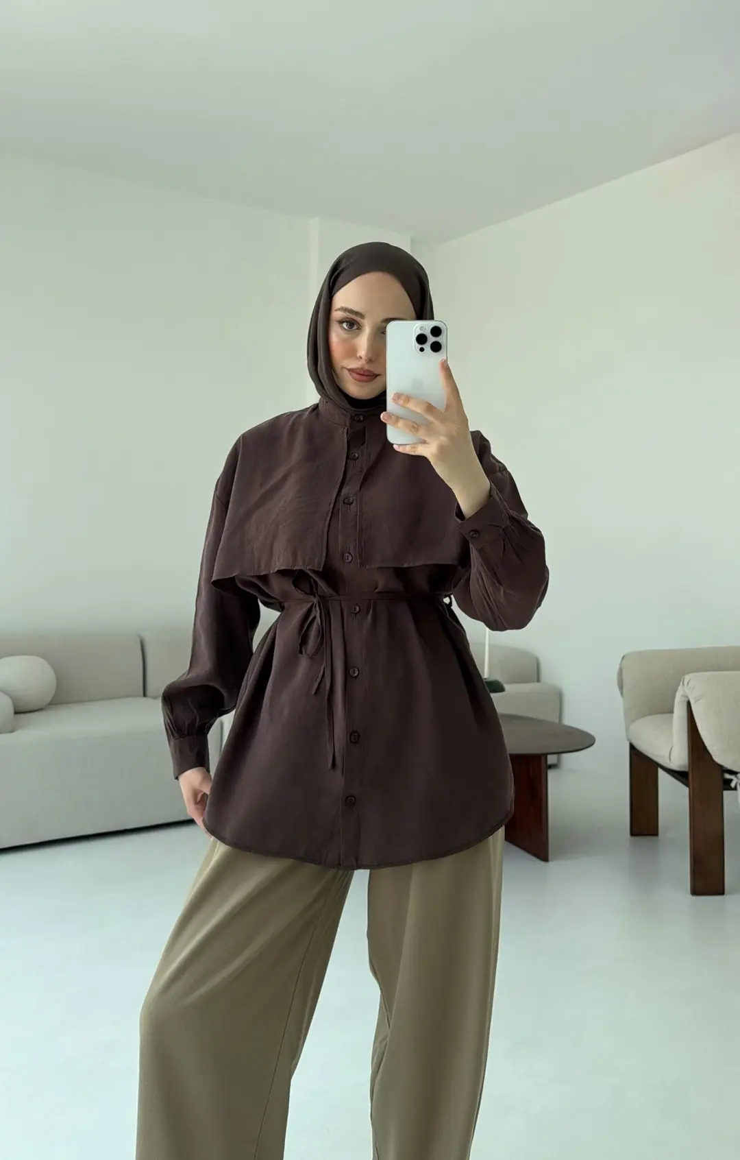 Pelerinli Modal Gömlek Kahve - Görsel 5