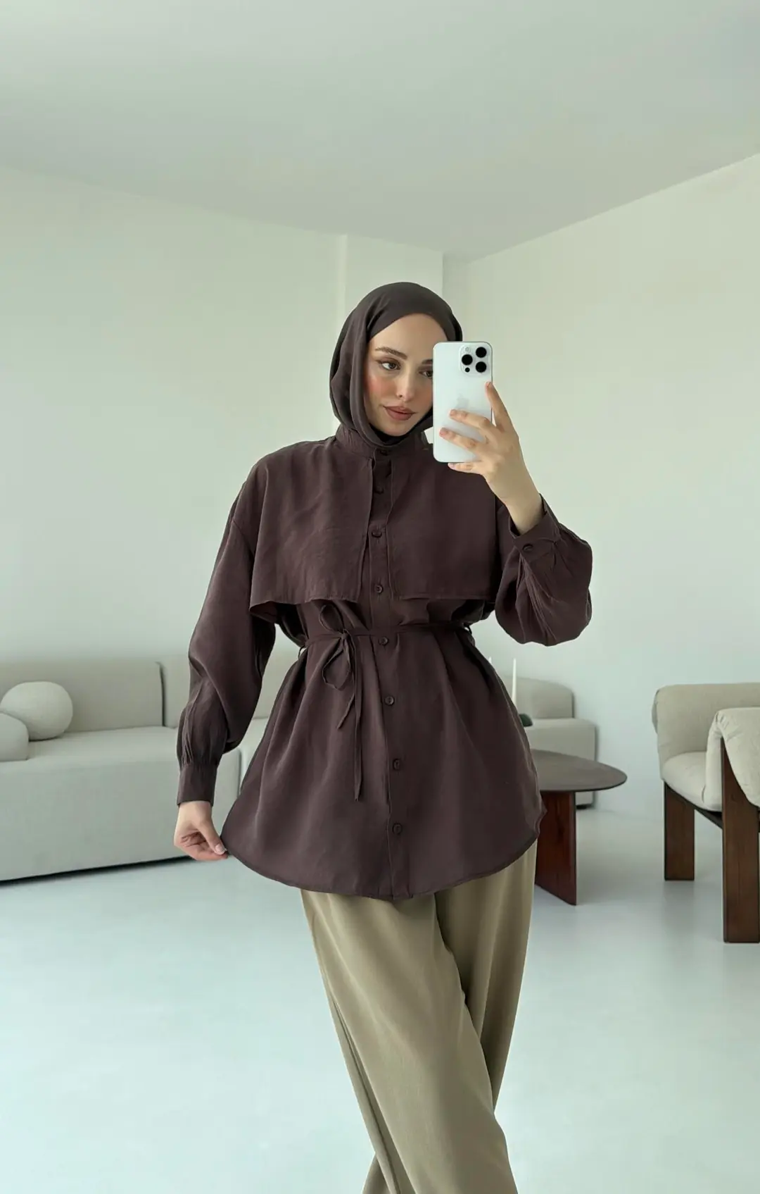 Pelerinli Modal Gömlek Kahve - Görsel 9