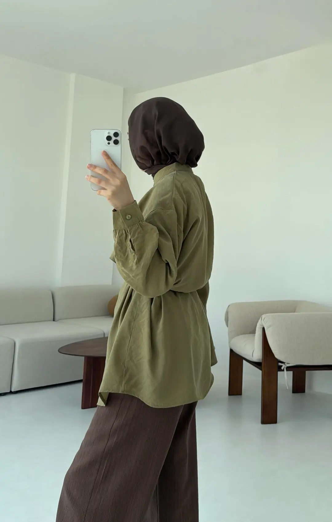 Pelerinli Modal Gömlek Olive - Görsel 4