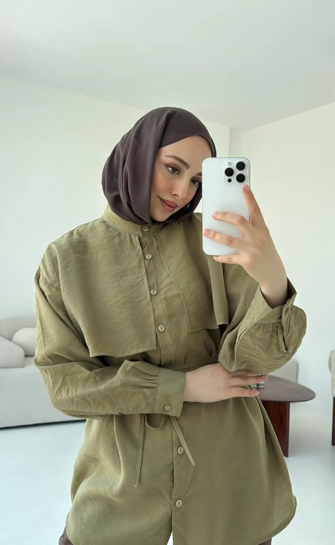 Pelerinli Modal Gömlek Olive - Görsel 5