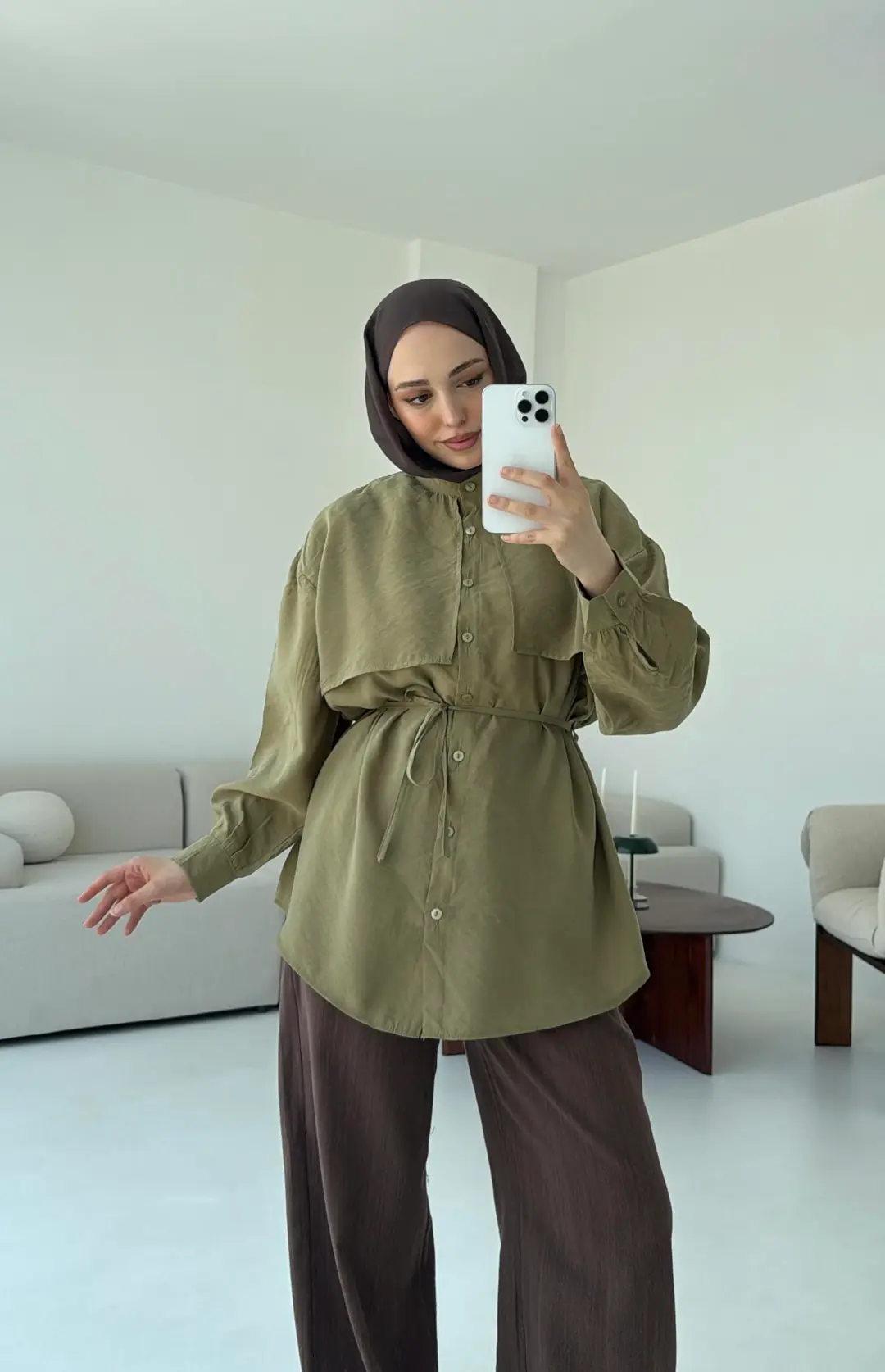 Pelerinli Modal Gömlek Olive - Görsel 6