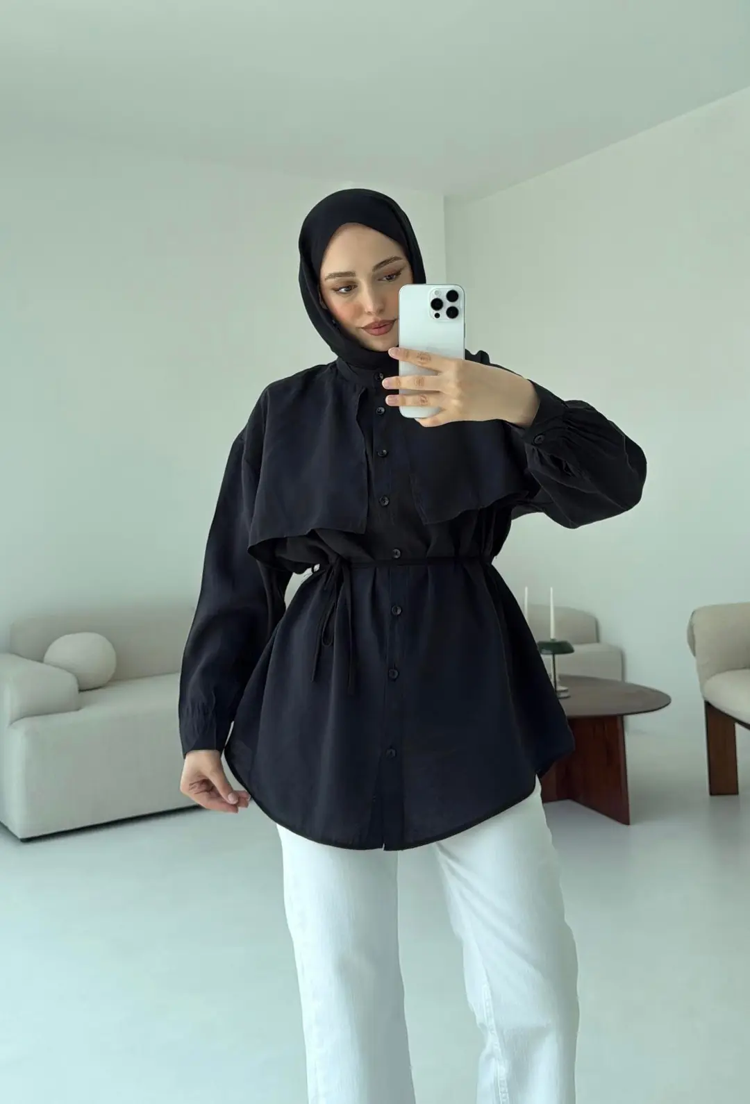 Pelerinli Modal Gömlek Siyah - Görsel 5