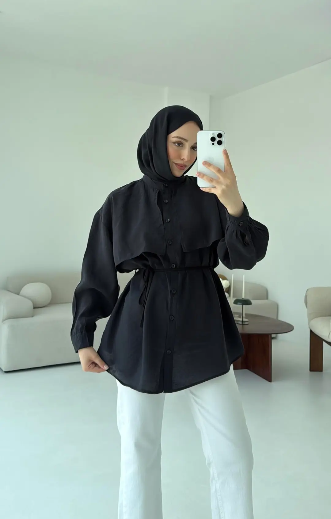 Pelerinli Modal Gömlek Siyah - Görsel 9