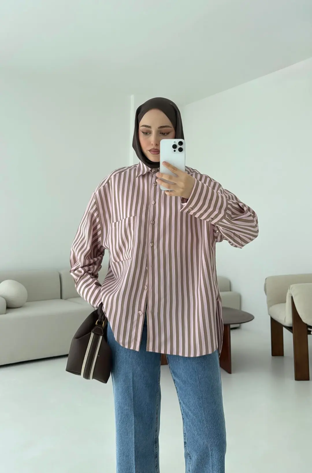 Pembe Kahve Çizgili Gömlek - Görsel 3