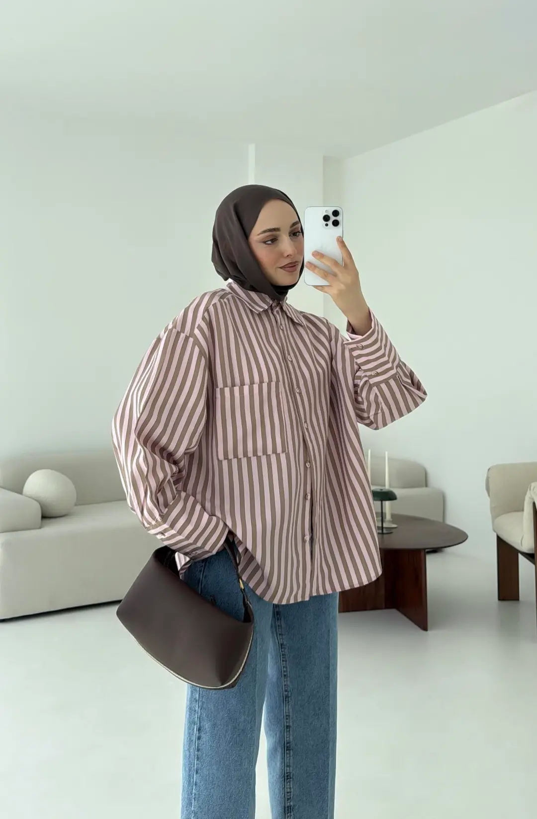 Pembe Kahve Çizgili Gömlek - Görsel 4