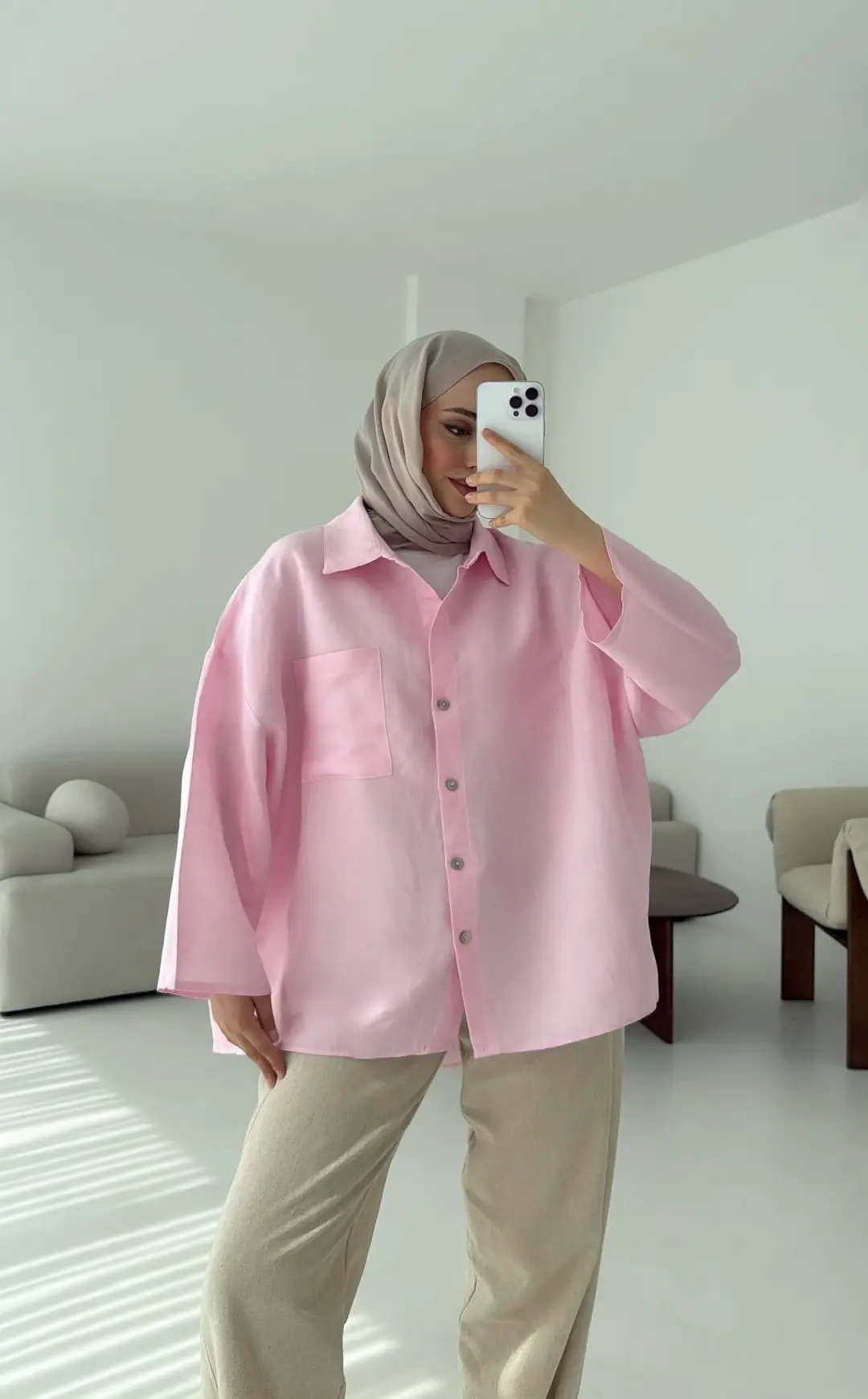 Pembe Oversize Gömlek - Görsel 3