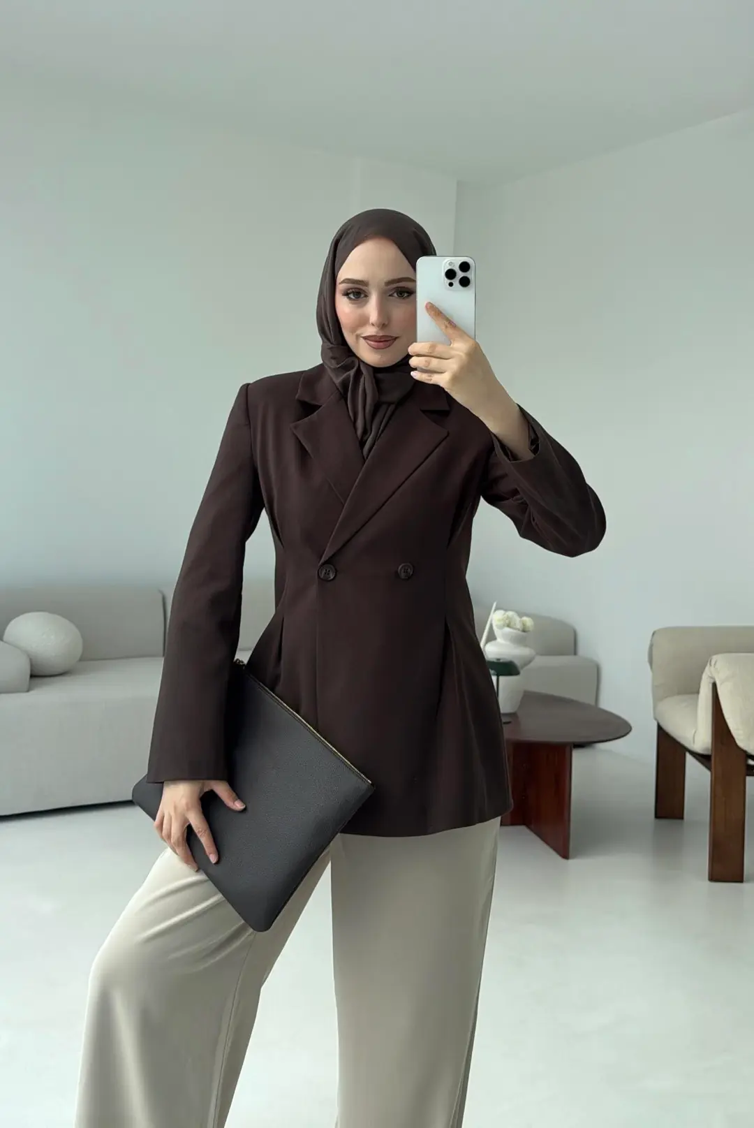 Pile Detay Blazer Ceket Kahve