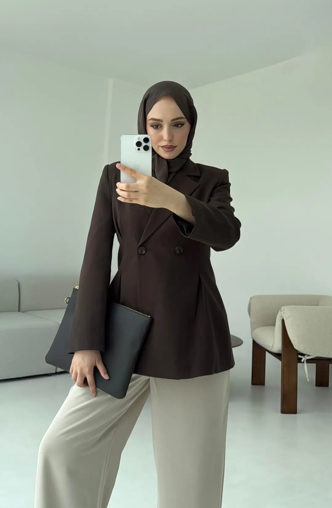 Pile Detay Blazer Ceket Kahve - Görsel 4