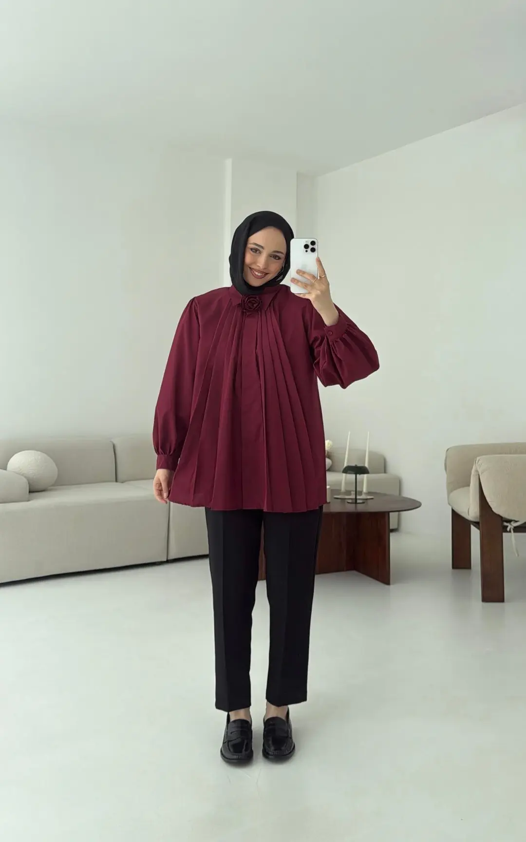 Pile Detay Gömlek Bordo - Görsel 7