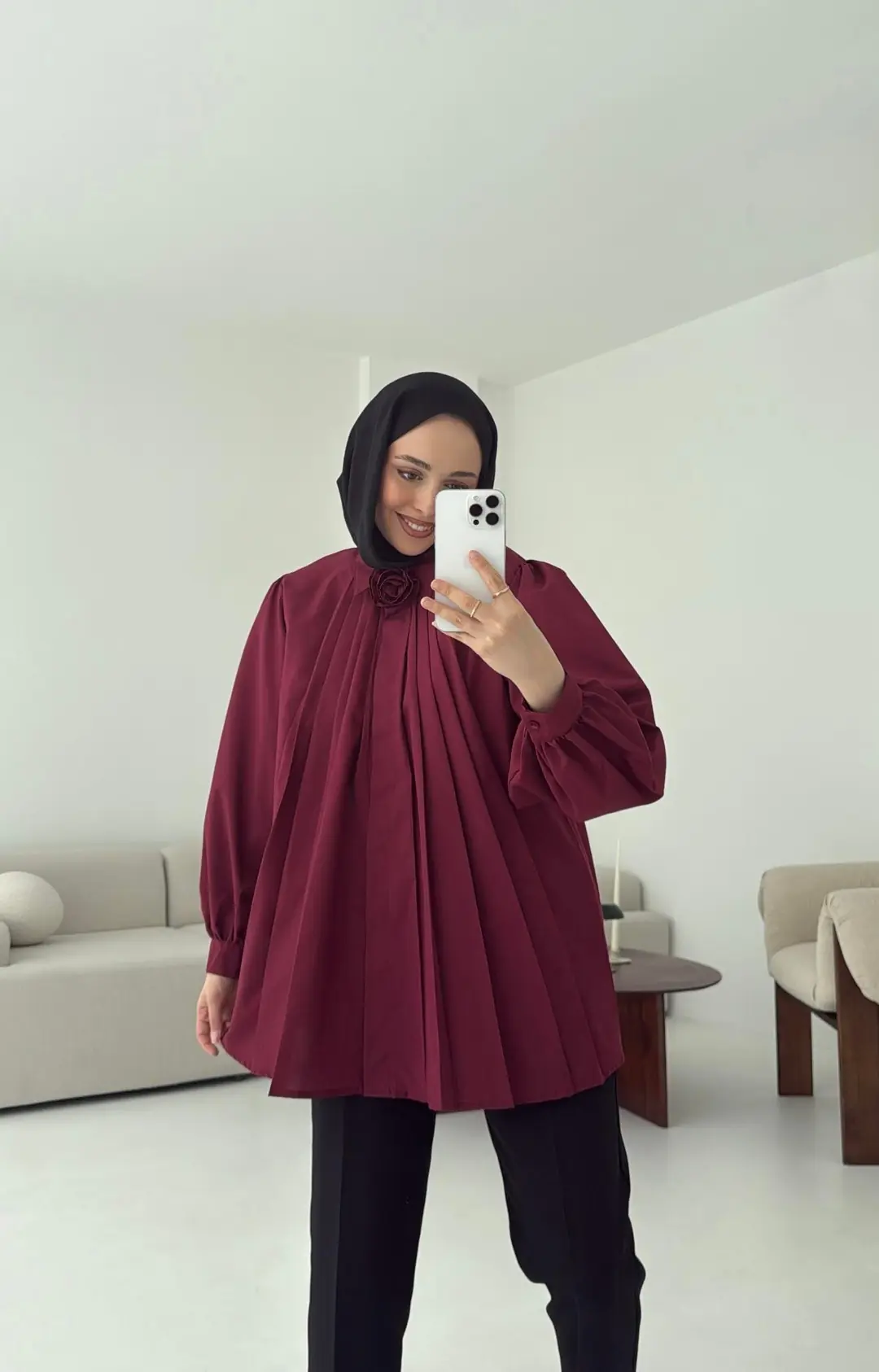 Pile Detay Gömlek Bordo - Görsel 8