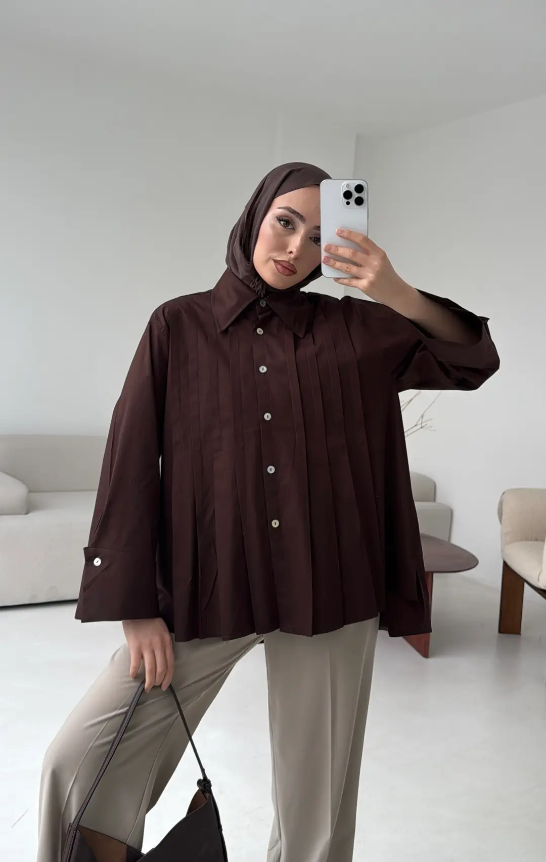 Pile Detay Gömlek Kahve - Görsel 2