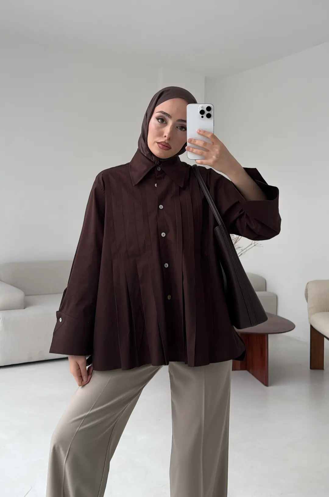 Pile Detay Gömlek Kahve - Görsel 3