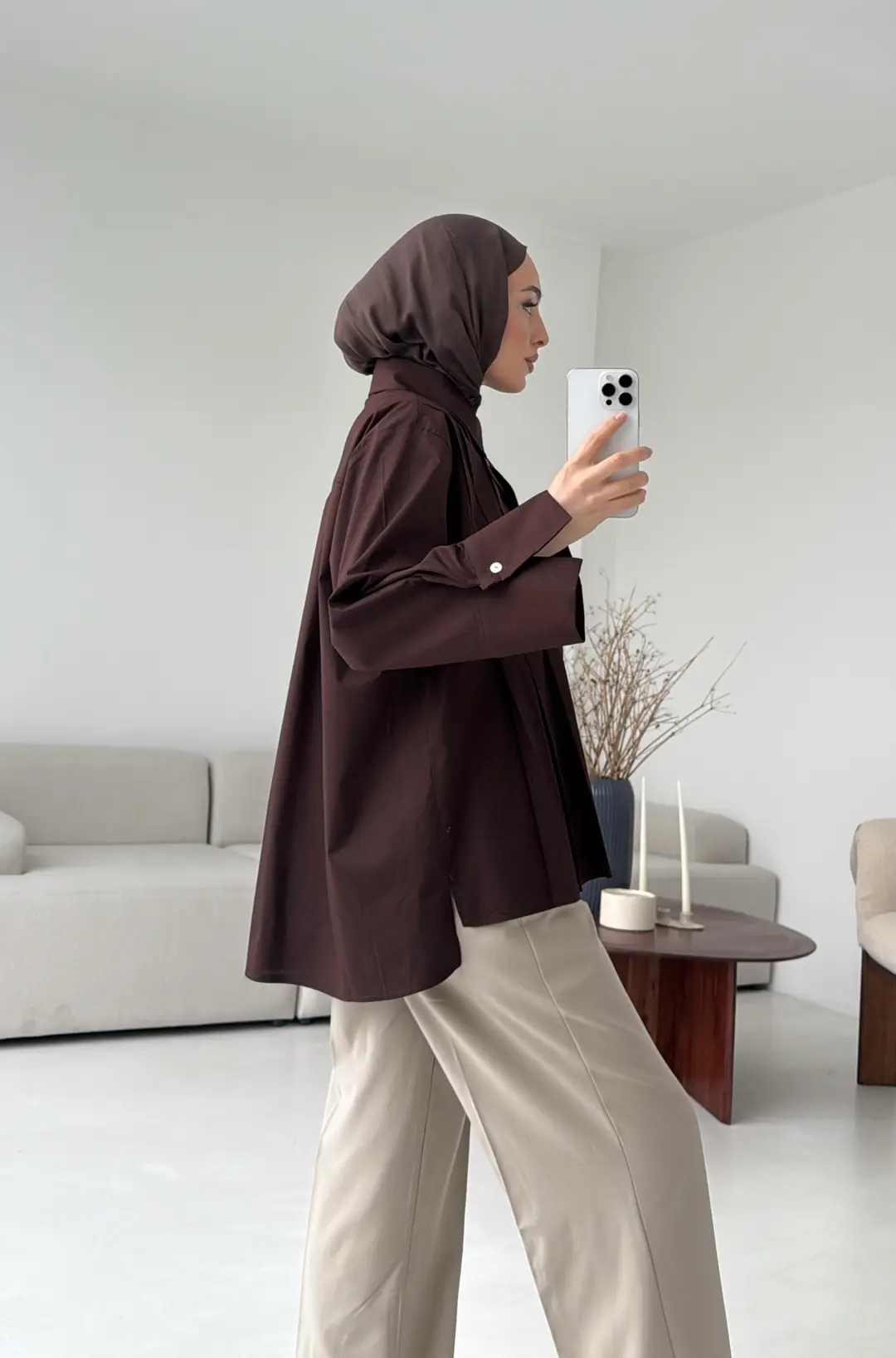 Pile Detay Gömlek Kahve - Görsel 5