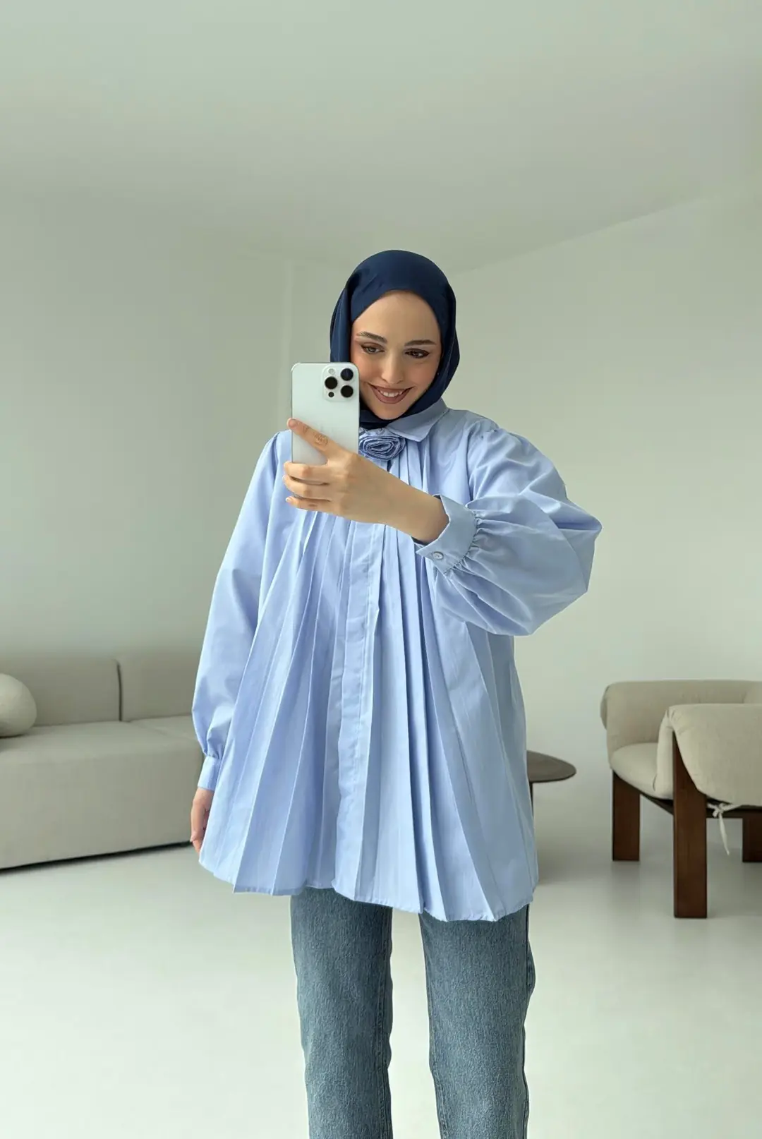 Pile Detay Gömlek Mavi - Görsel 4