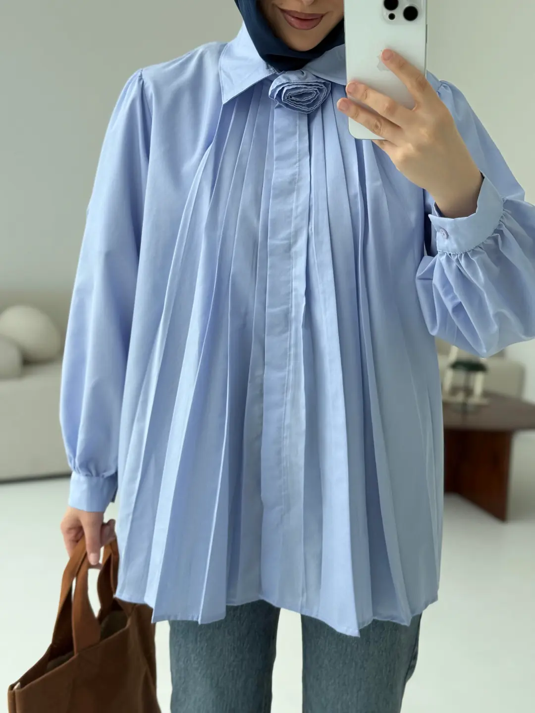 Pile Detay Gömlek Mavi - Görsel 9